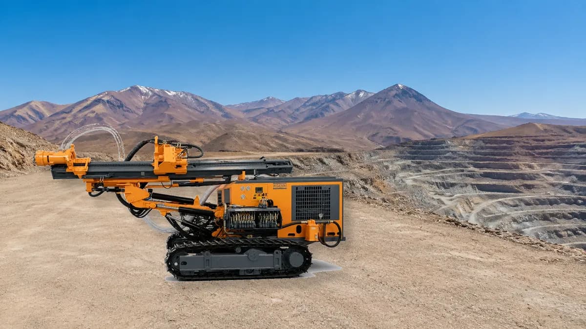 Composited illustration of a Kaishan crawler DTH drill rig on an open-pit copper mine bench